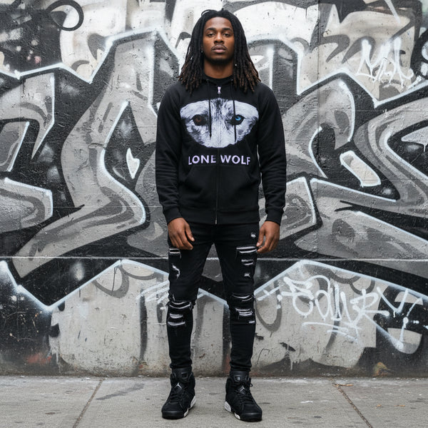 *DESIGN BY HUMANS* (BLACK) ZIP UP HOODIE (DISTRESSED LOGO STYLE)