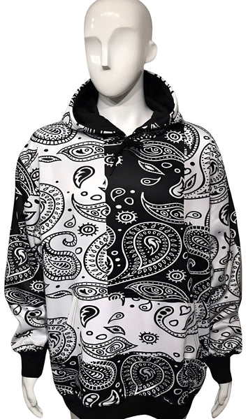 ^BANDANA^ PULLOVER HOODIES ~BLACK-WHITE PAISLEY~ (FLEECY SOFT LINED)