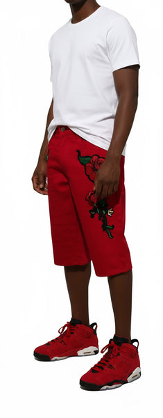 *MAXI MILIAN* (RED) ~ROSES~ •DENIM SHORTS• (SLIM FIT) (EMBROIDERED)