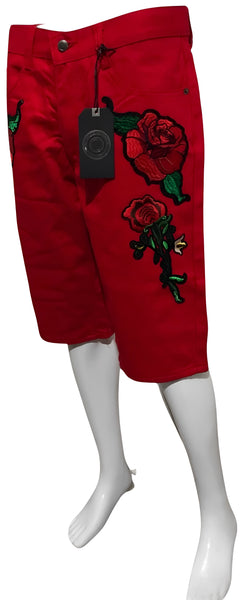 ^MAXI MILIAN^ (RED) ~ROSES~ DENIM SHORTS (SLIM FIT) (EMBROIDERED)