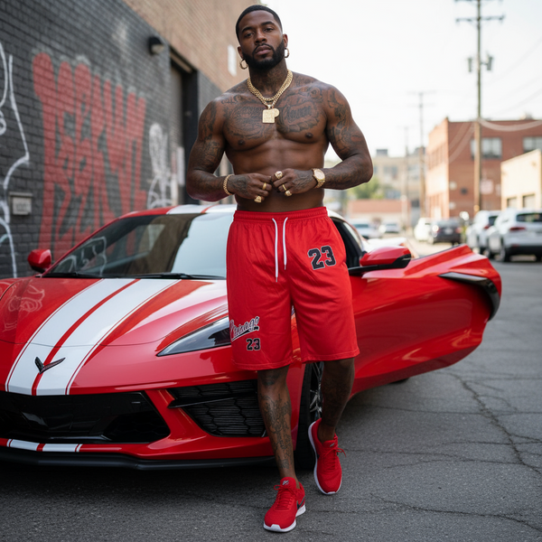 *CHICAGO 23* ~Red Shorts~ •Summer activewear• (Front pockets & drawstring closure)