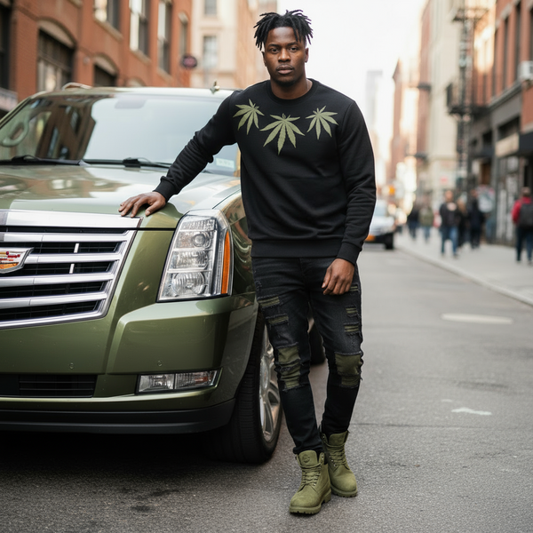 *OFFICIAL BOB MARLEY* CLOTHING LINE (BLACK) MEN'S CREWNECK SWEATSHIRTS (GANJA)