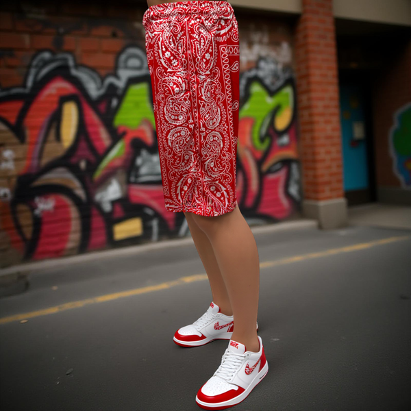 •RED BANDANA• ~Activewear summer shorts~ (Front pockets & drawstring closure)