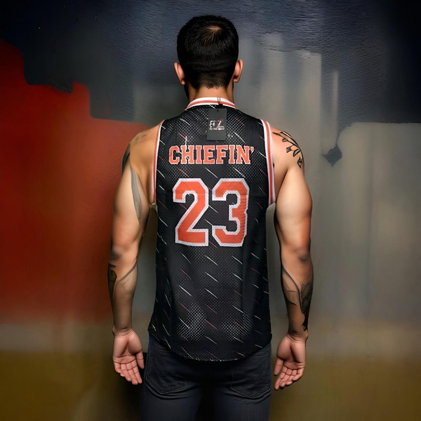 ^CHIEFIN’ 23^ BASKETBALL JERSEYS (BLACK-ORANGE)