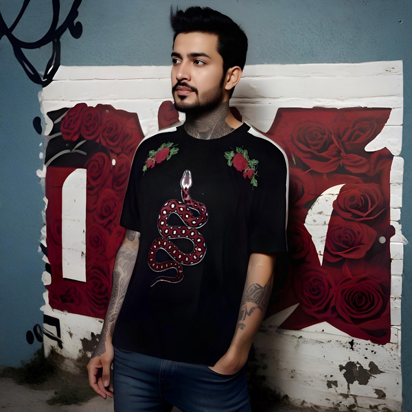 ^IMPERIOUS^ ~SNAKE & ROSES~ (BLACK) PATCH & PRINT SHORT SLEEVE T-SHIRTS