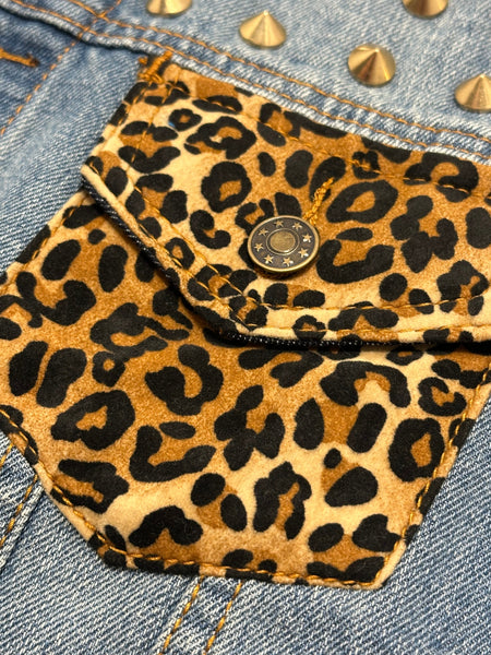 *DENIM VEST* ~Steam Punk Mad Max~ (Cheetah Print Pockets) (Metal Spikes)
