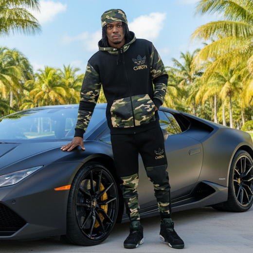 *CHIEFIN’ ADI-FEATHER* (GREEN CAMOUFLAGE) LUX HOODED ZIP UP TRACKSUITS (CUT & SEW)