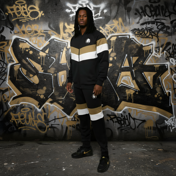 •HUSTLE GANG• (BLACK-MULTI) KNIT ZIP UP TRACKSUITS