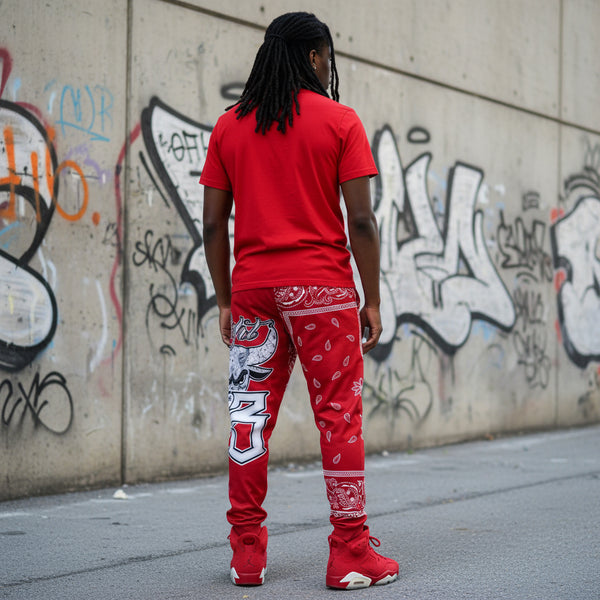 *FLIGHT 23* RED BANDANA / PAISLEY JOGGER SWEATPANTS (FLEECE LINED & BACK ZIP POCKET)