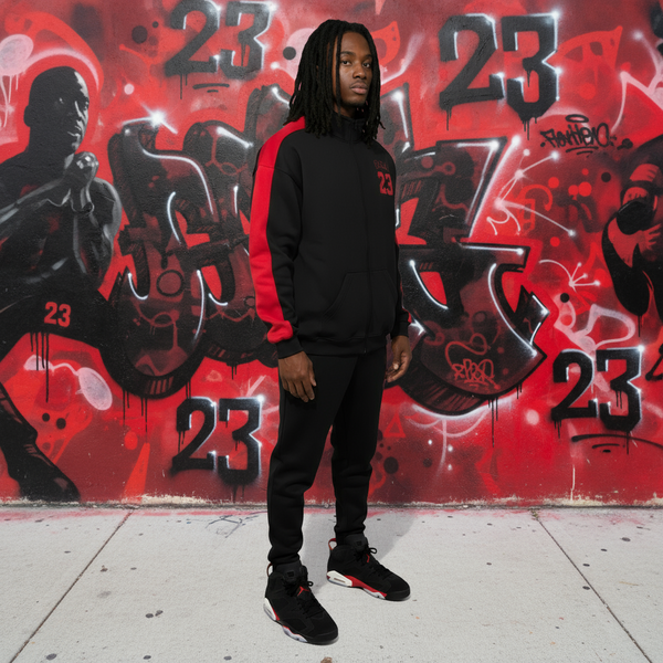 •23• (BLACK/RED) ZIP UP TRACKSUITS (CUT & SEW) (EMBROIDERED LOGO)