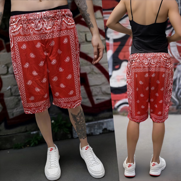 •RED BANDANA• ~Activewear summer shorts~ (Front pockets & drawstring closure)