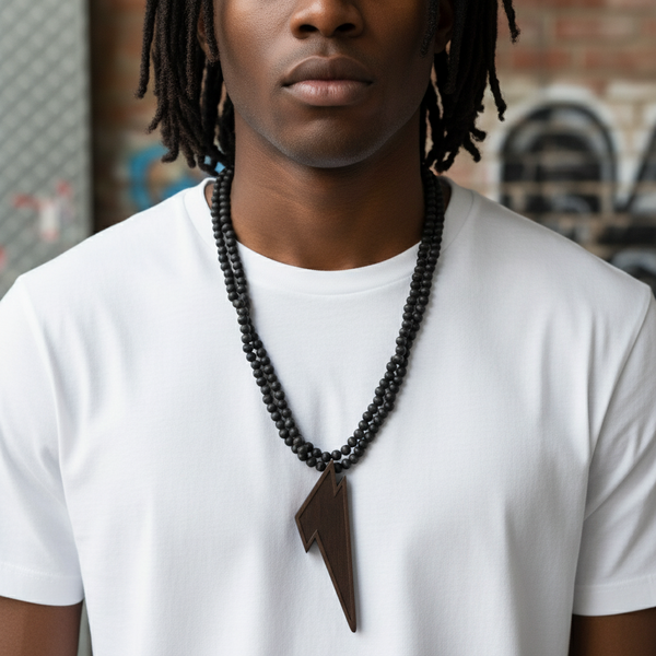 *WOOD BEADED NECKLACE & PENDANT SET* •LIGHTNING BOLT• (BROWN)