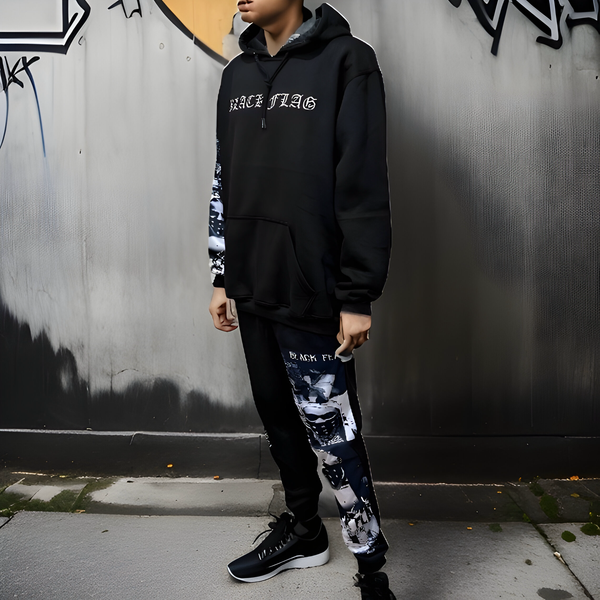 ^BLACK FLAG^ (BLACK) ~CREW POSSE~ EMBROIDERED HOODED JOGGER SWEATSUITS(CUT & SEW)