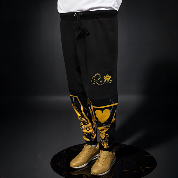 ^QUEEN OF HEARTS^ LUXURY *GOLD* JOGGER SWEATPANTS (CUT & SEW) (EMBROIDERED LOGO)