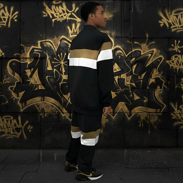 •HUSTLE GANG• (BLACK-MULTI) KNIT ZIP UP TRACKSUITS