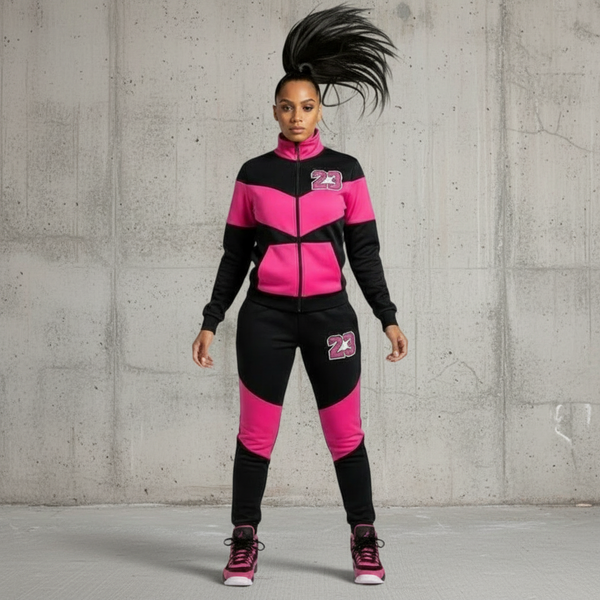 *23* (BLACK-HOT PINK) ZIP UP TRACK JACKETS (CUT & SEW) (UNISEX)