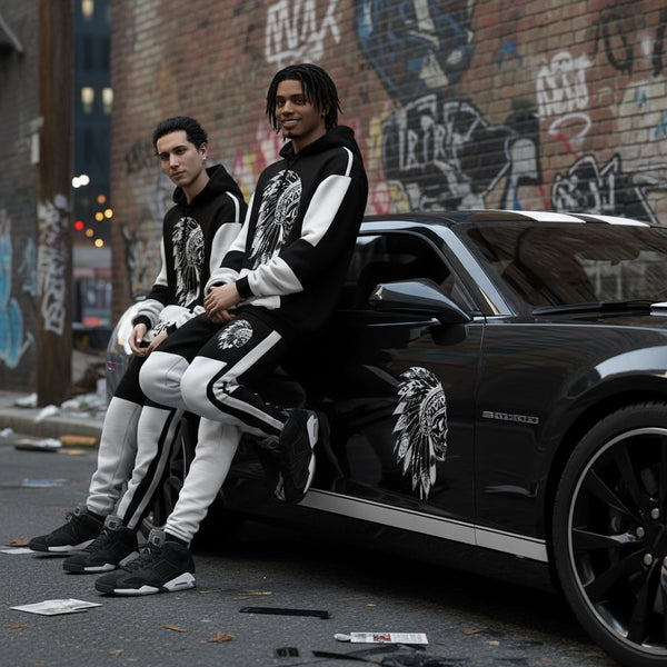 *CHIEFIN’* (BLACK-GREY) HOODED JOGGER SWEATSUITS (CUT & SEW)