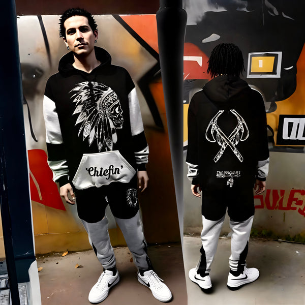 ^CHIEFIN’^ (BLACK-GREY) HOODED JOGGER SWEATSUITS (CUT & SEW)