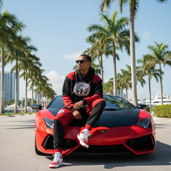 *CHIEFIN’* (BLACK-RED) JOGGER SWEATSUITS (CUT & SEW) (TWO TONE)