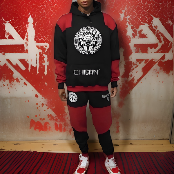 ^CHIEFIN’^ (BLACK-RED) JOGGER SWEATSUITS (CUT & SEW) (TWO TONE)