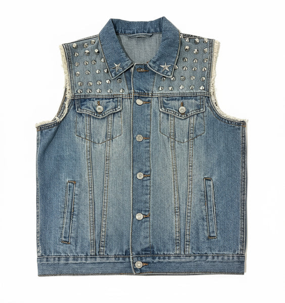 *Spiked Denim Vest* (UNISEX) (Medium) •20” Pitt to Pitt• (Steam Punk)