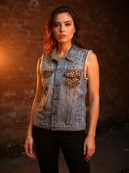 *Spiked Denim Vest* (UNISEX) (2XL) •22” Pitt to Pitt• (Steam Punk)