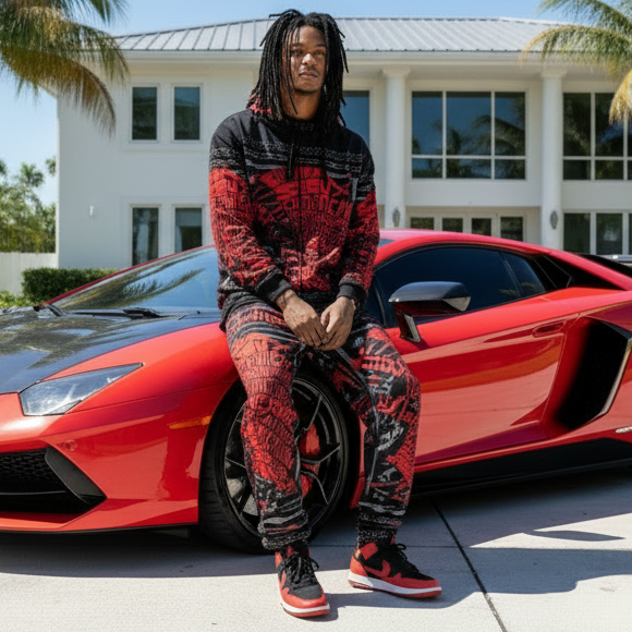 *TRIBE VIBES* (RED-GREY-BLACK) FULL HOODED PULLOVER SWEATSUITS