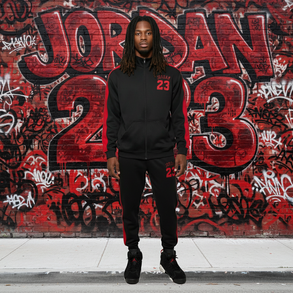 •23• (BLACK/RED) ZIP UP TRACKSUITS (CUT & SEW) (EMBROIDERED LOGO)