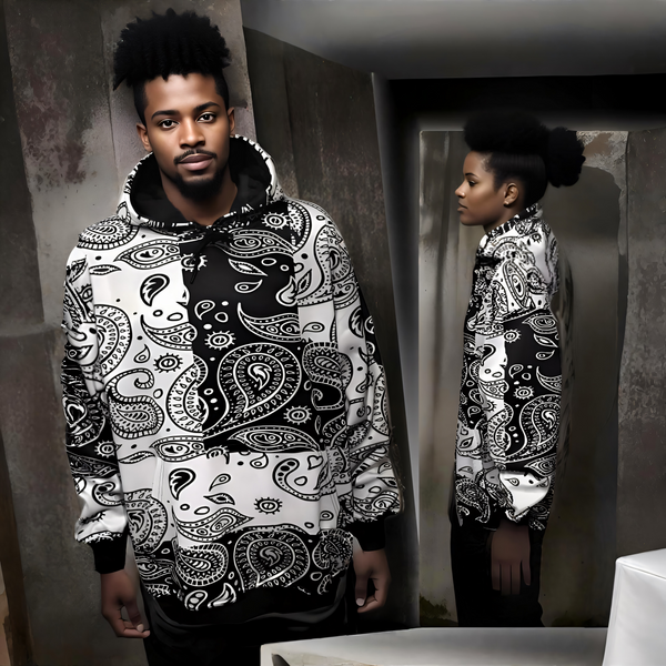 ^BANDANA^ PULLOVER HOODIES ~BLACK-WHITE PAISLEY~ (FLEECY SOFT LINED)