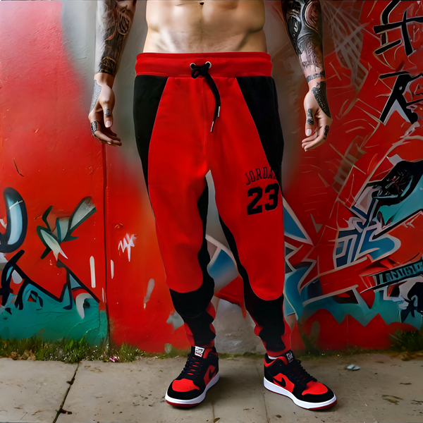 ^JORDAN 23^ (RED-BLACK) CUT & SEW / EMBROIDERED LUXURY CUSTOM SWEATPANTS