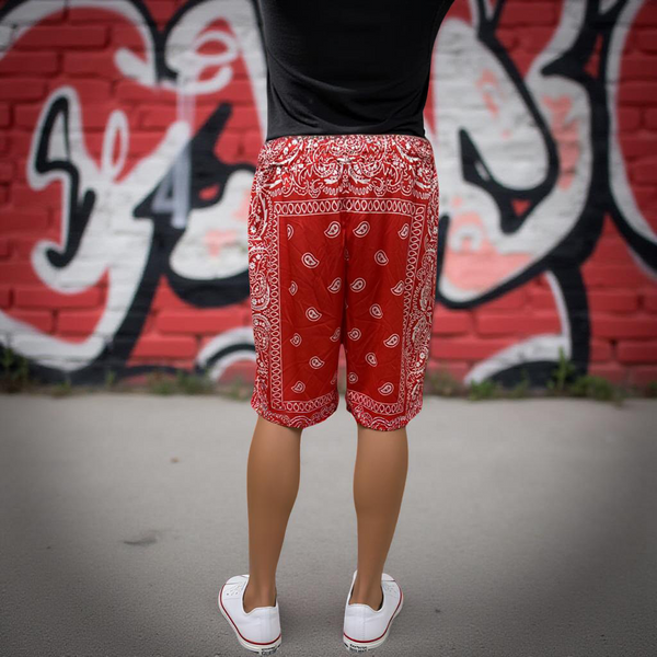 •RED BANDANA• ~Activewear summer shorts~ (Front pockets & drawstring closure)