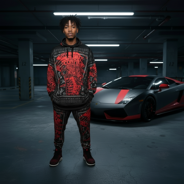 •TRIBE VIBES• (RED-GREY-BLACK) FULL HOODED PULLOVER SWEATSUITS