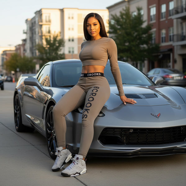 *CROOKS & CASTLES* (DARK TAUPE) ~CROOKS FEMME~ KNIT LEGGINGS FOR WOMEN