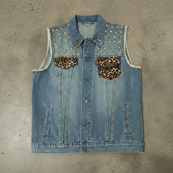 *Spiked Denim Vest* (UNISEX) (2XL) •22” Pitt to Pitt• (Steam Punk)