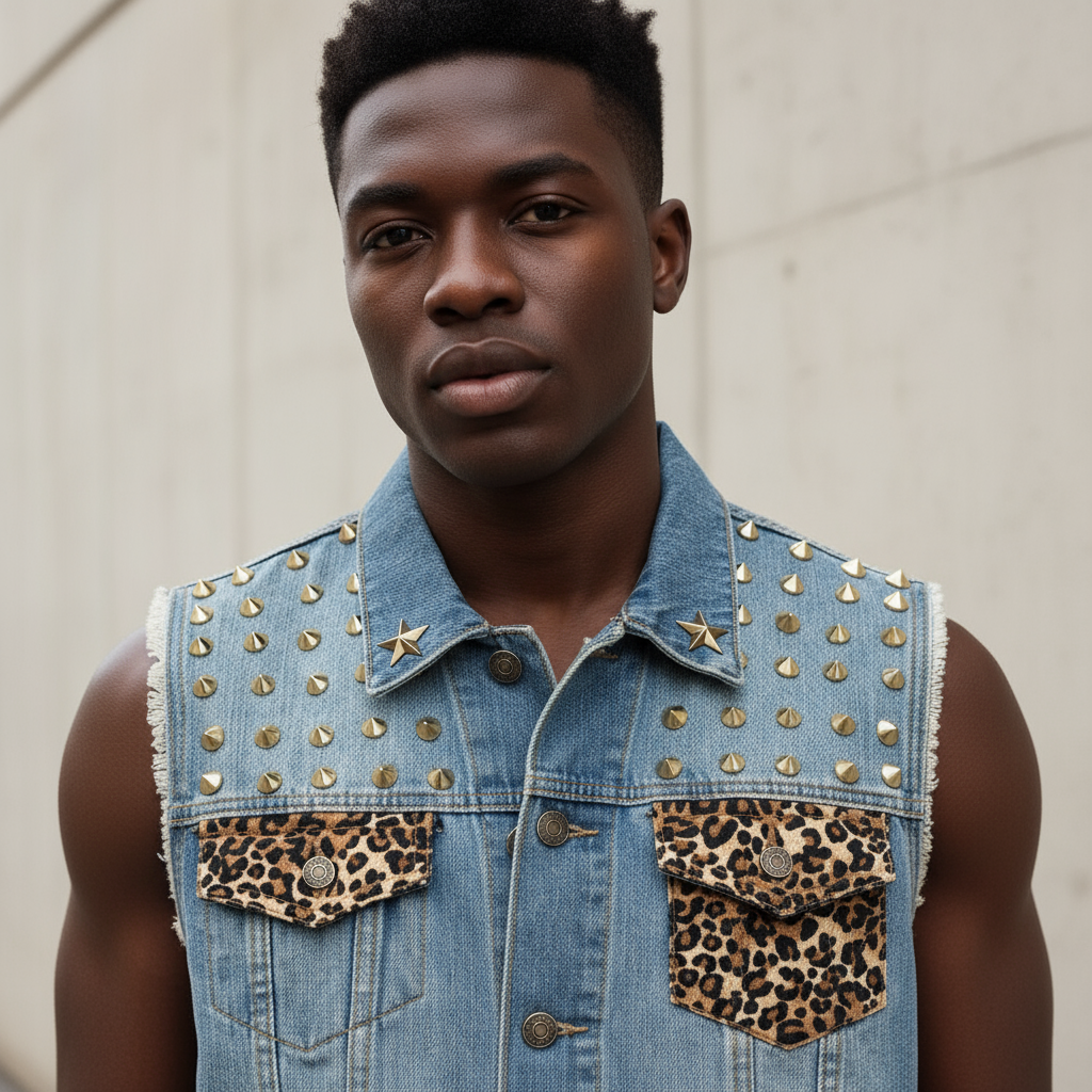 *Spiked Denim Vest* (UNISEX) (2XL) •22” Pitt to Pitt• (Steam Punk)