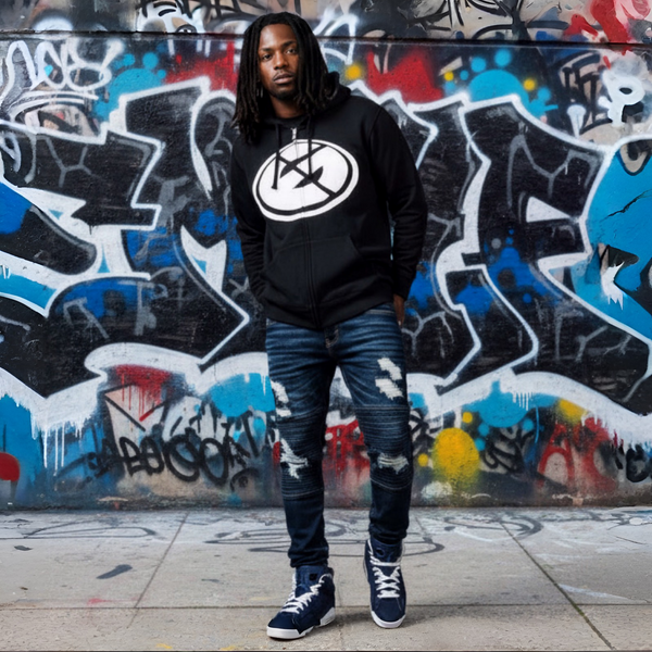 *DESIGN BY HUMANS* (DARK NAVY) ZIP UP HOODIE (DISTRESSED LOGO STYLE)