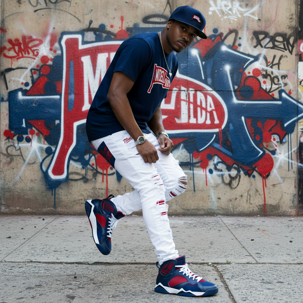 *Mitchell & Ness* soft shell snapback hats (Navy-Red)
