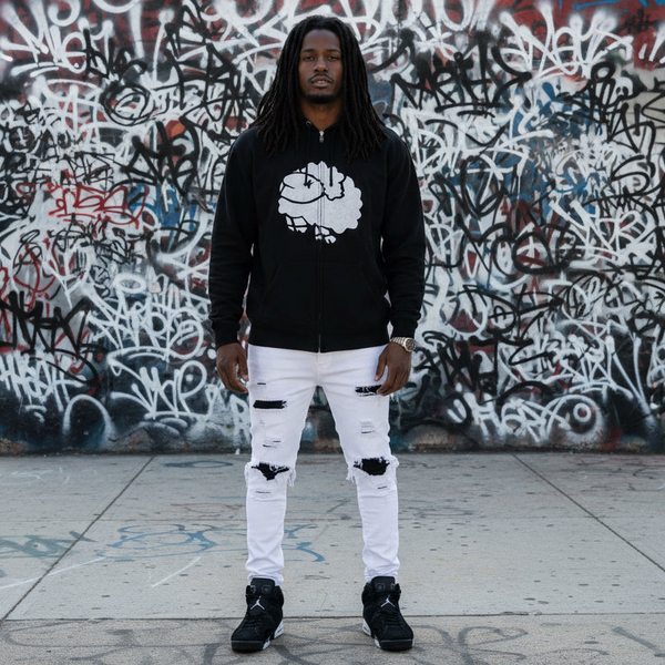 *DESIGN BY HUMANS* (BLACK) ZIP UP HOODIE (DISTRESSED LOGO STYLE)