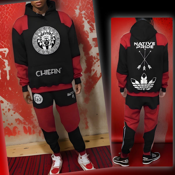 ^CHIEFIN’^ (BLACK-RED) JOGGER SWEATSUITS (CUT & SEW) (TWO TONE)