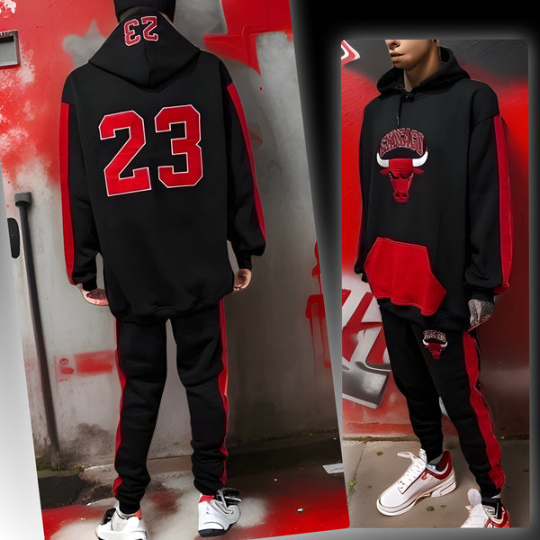 ^CHICAGO 23^ (BLACK-RED) CUT & SEW HOODED SWEATSUITS (PATCH WORK & EMBROIDERY)