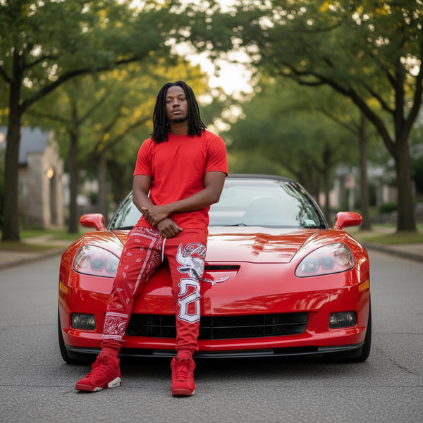 *FLIGHT 23* RED BANDANA / PAISLEY JOGGER SWEATPANTS (FLEECE LINED & BACK ZIP POCKET)