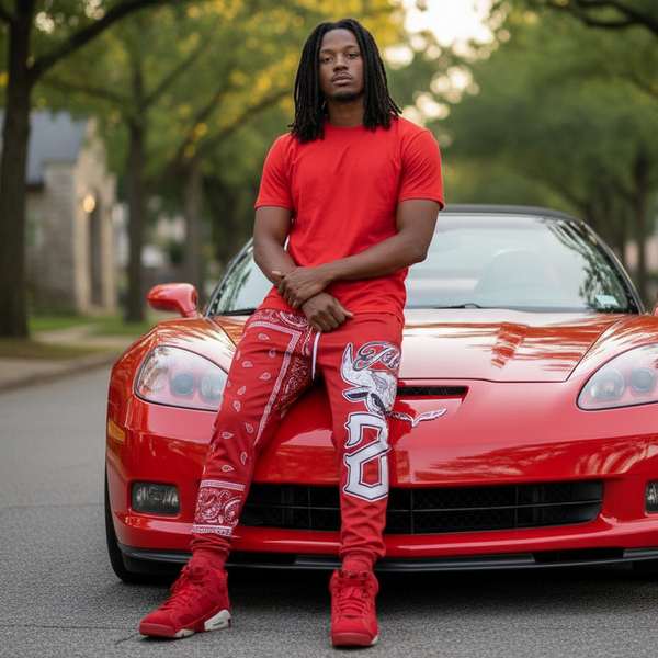 *FLIGHT 23* RED BANDANA / PAISLEY JOGGER SWEATPANTS (FLEECE LINED & BACK ZIP POCKET)