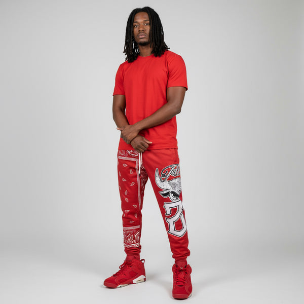 *FLIGHT 23* RED BANDANA / PAISLEY JOGGER SWEATPANTS (FLEECE LINED & BACK ZIP POCKET)