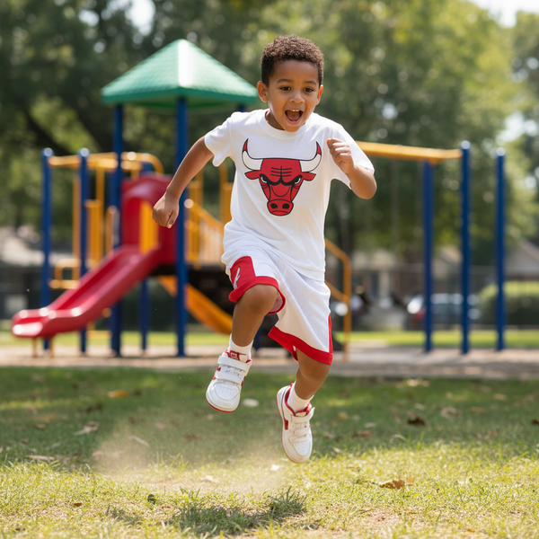 *CHICAGO BULLS* ~KIDS MESH BASKETBALL STYLE SHORTS~ (WHITE-RED) (150 cm WAIST)