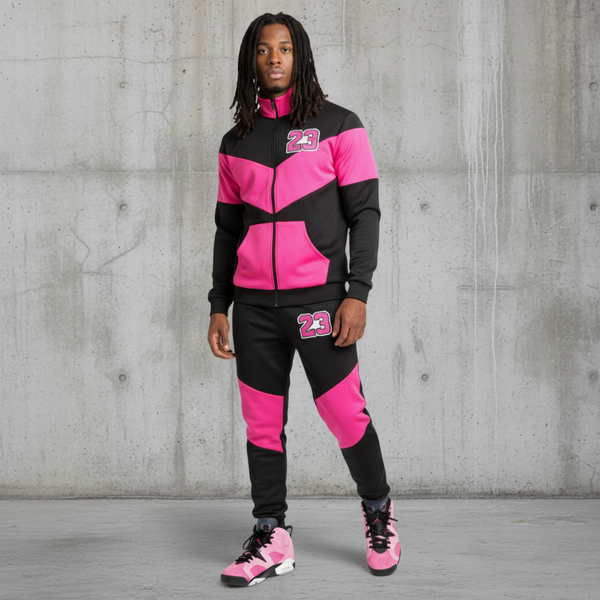 *23* (BLACK-HOT PINK) ZIP UP TRACK JACKETS (CUT & SEW) (UNISEX)