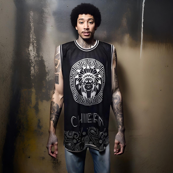 ^23 BLACK BANDANA^ ~CHIEFIN’~ MESH BASKETBALL CREWNECK JERSEYS (TALL-BODY)