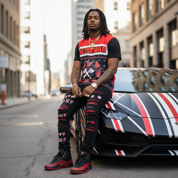 *REZOFWAR NATION* (RED-MULTI) ~FANCY~ •SHORT SLEEVE TEE• (CUT & SEW)