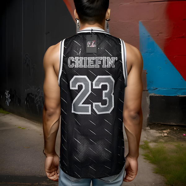 ^CHIEFIN’ 23^ BASKETBALL JERSEYS (BLACK-GREY)