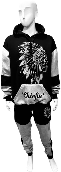 ^CHIEFIN’^ (BLACK-GREY) HOODED JOGGER SWEATSUITS (CUT & SEW)