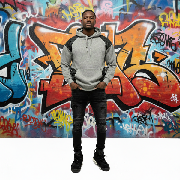 *TRUE ROCK* (GREY-BLACK P.U.) PULLOVER HOODIE (FRONT VERTICAL ZIPS)